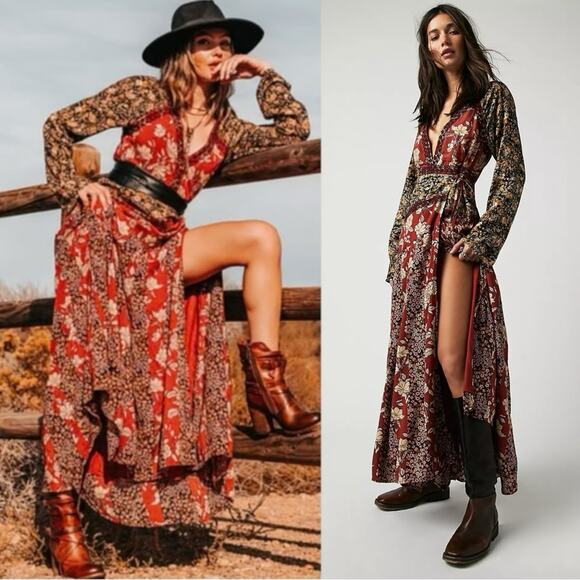 Free People Dresses & Skirts - Free People Tilda Maxi Wrap Dress Neutral Small Western Bohemian Fall Witchy NWT